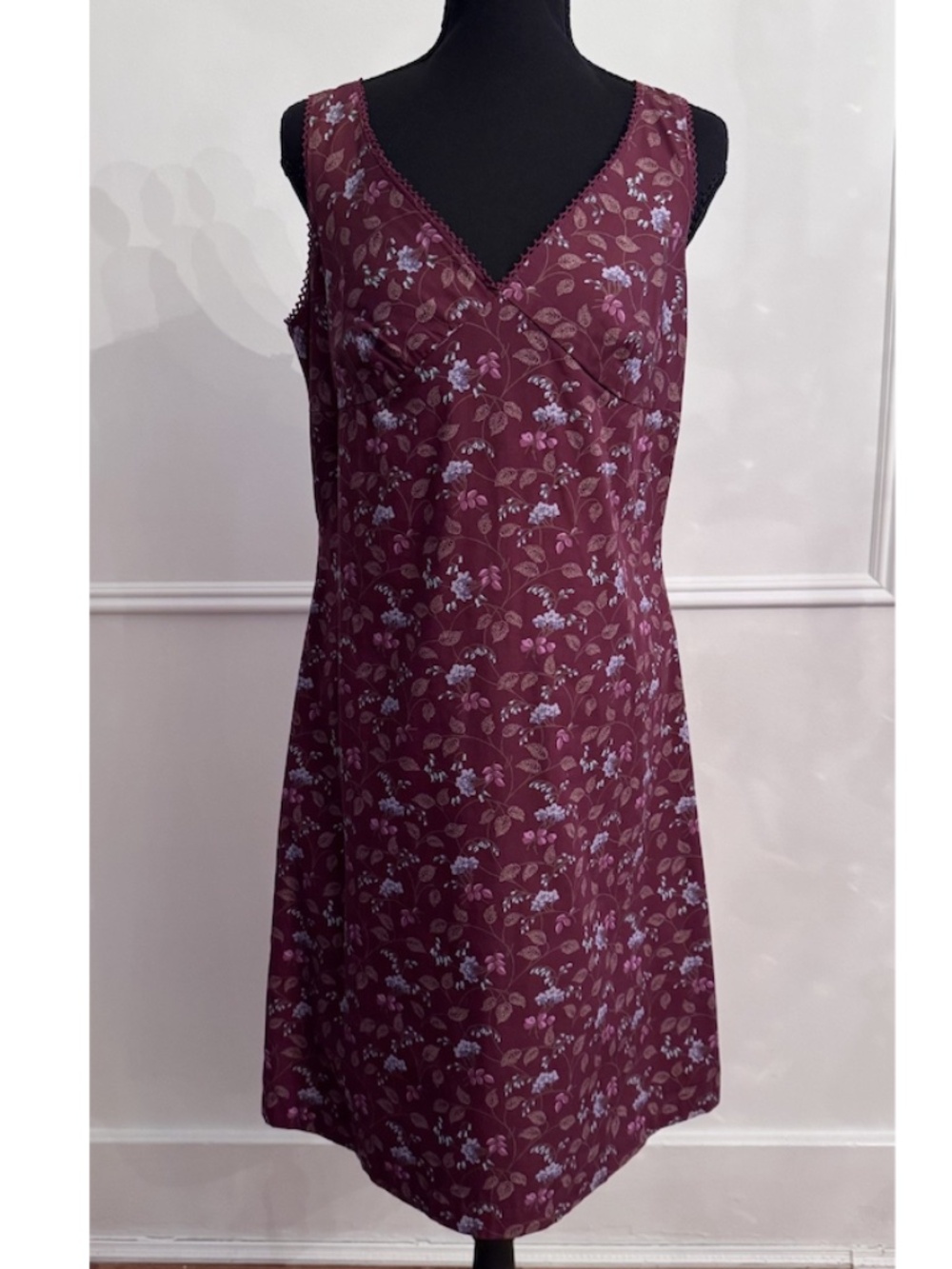 J.Crew Floral Dress 10 Burgundy Cotton A-Line V-Neck Sleeveless Lined EUC